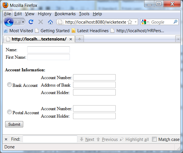 Figure 1: A sample application showing a simple web form for entering bank or postal account information.
